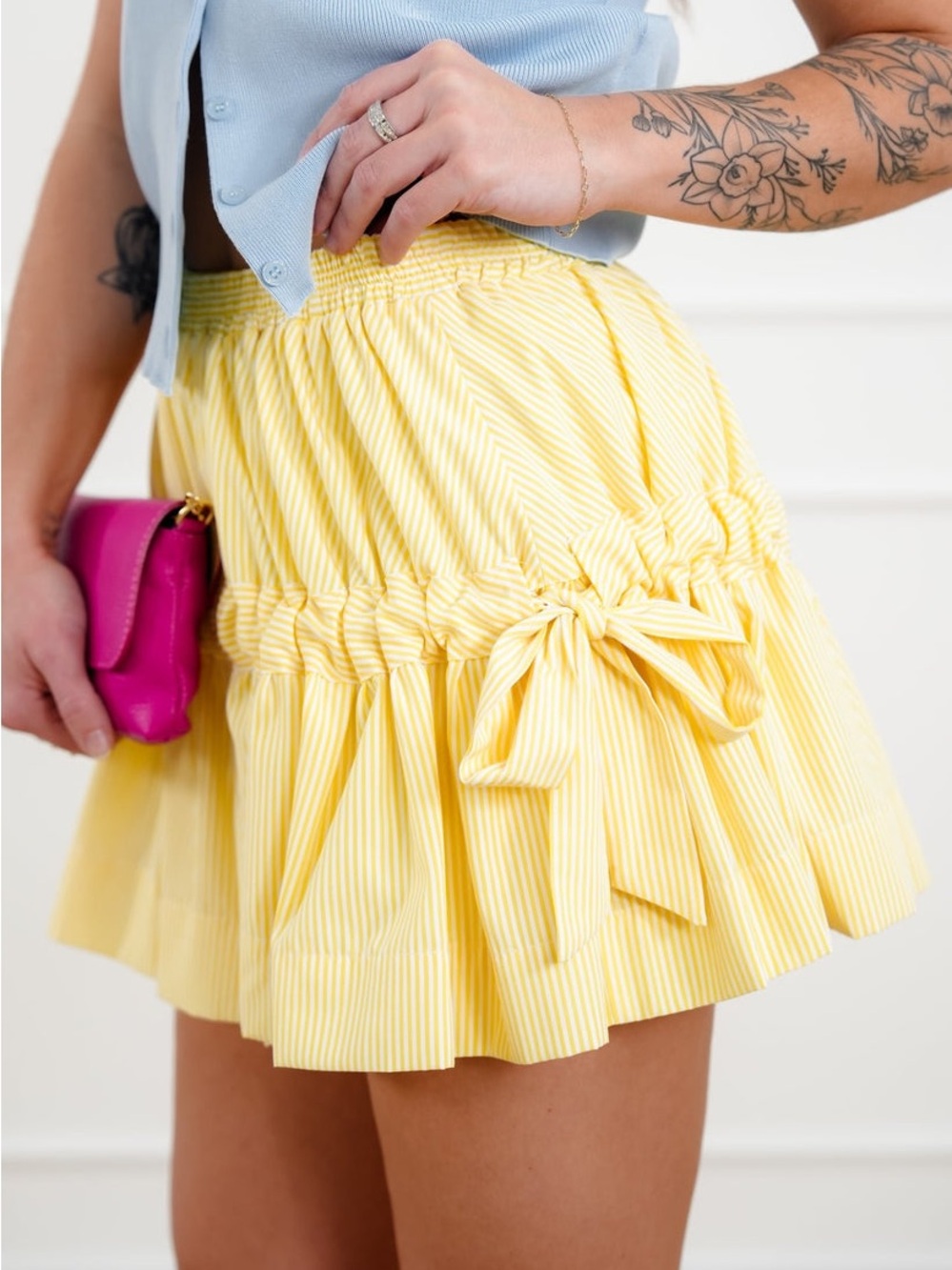 Wishlist yellow Pin Stripe Elastic Waist Mini Skirt with Side Ties size S NWOT